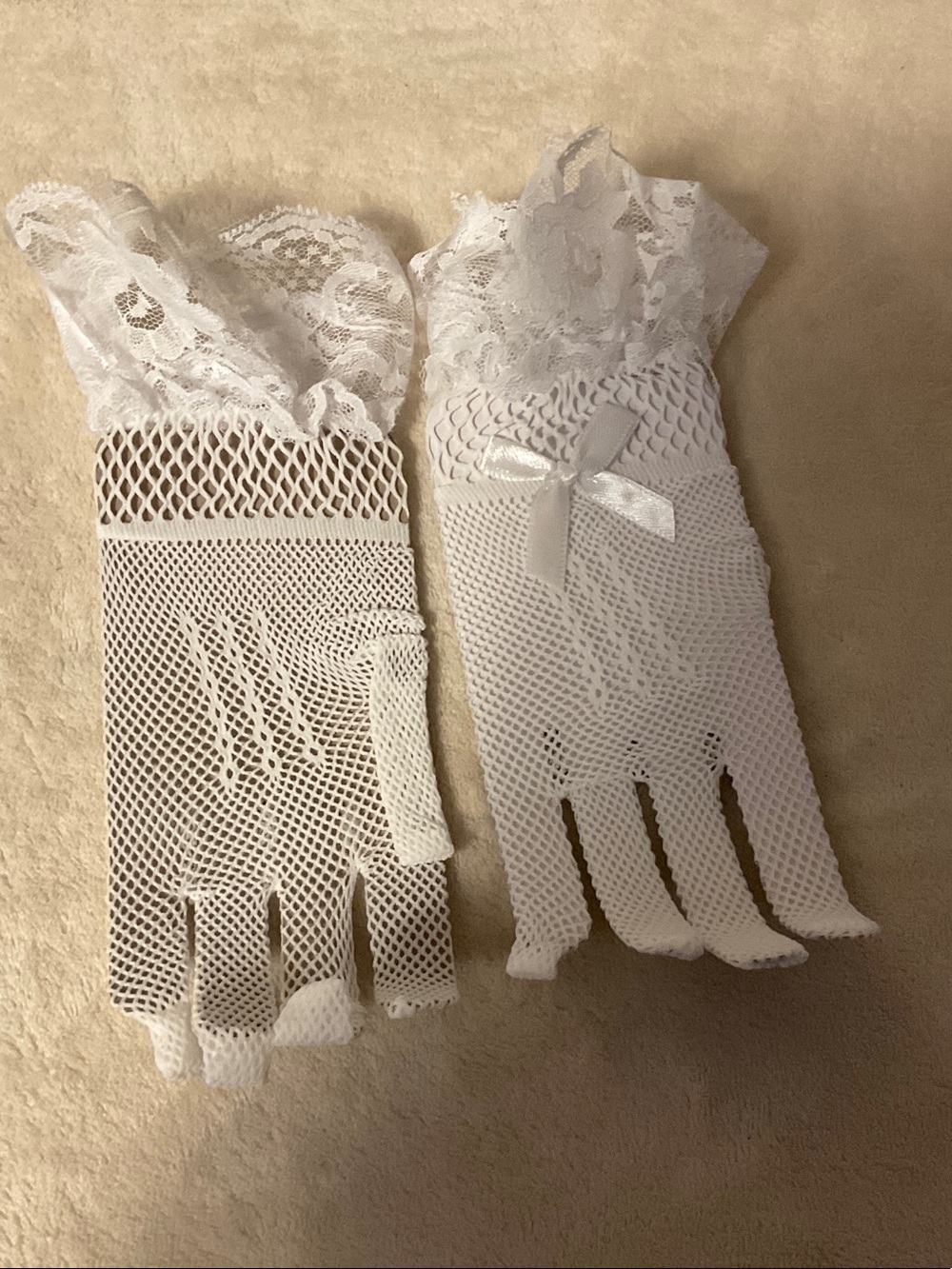 White Lace Fishnet Bridal Gloves with Bow Accent - Unbranded